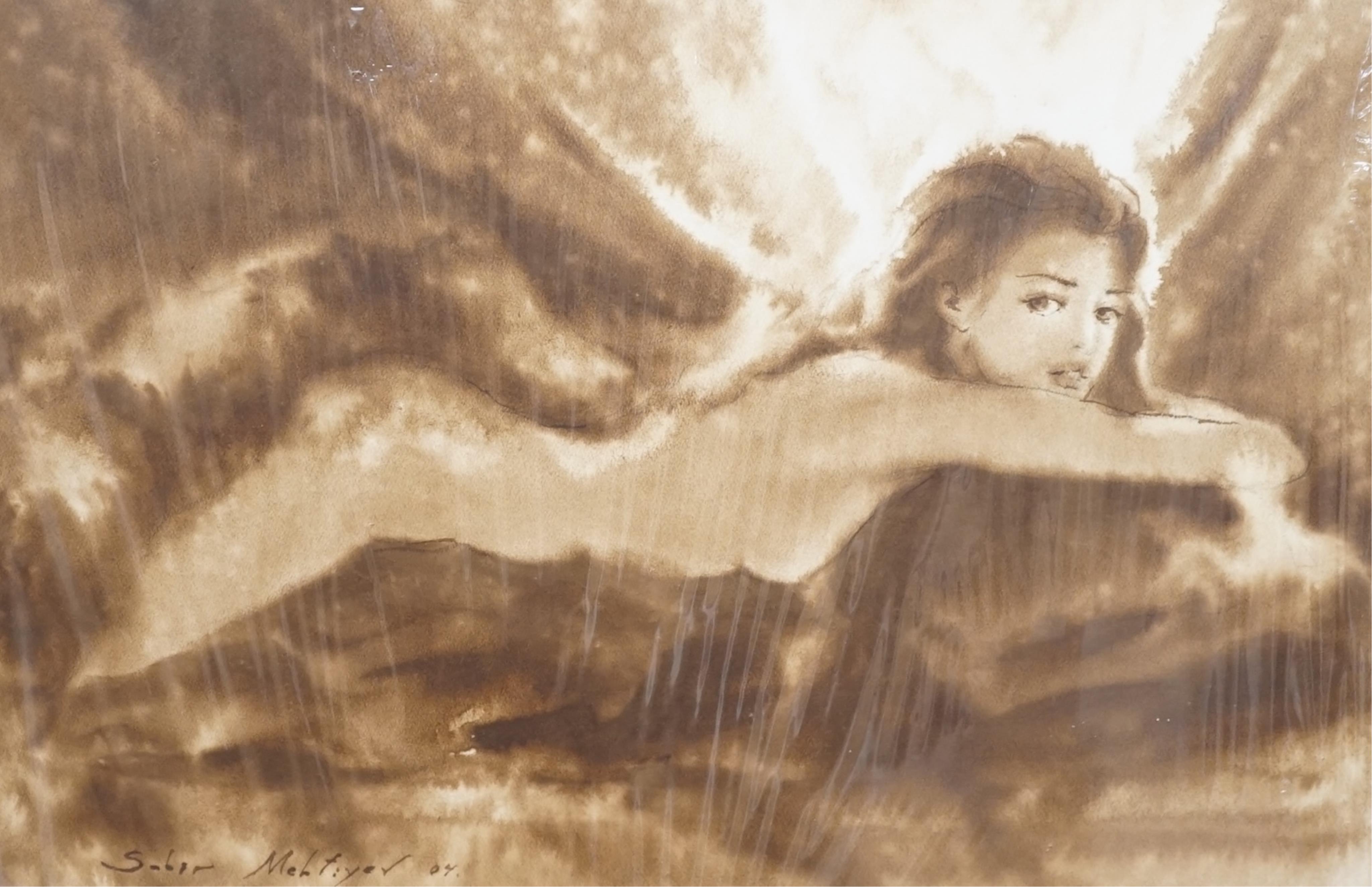 Sabir Mehtiyer (Turkish), two monochrome watercolours, Female nudes, signed and dated '05, 47 x 33cm, unframed. Condition - fair
